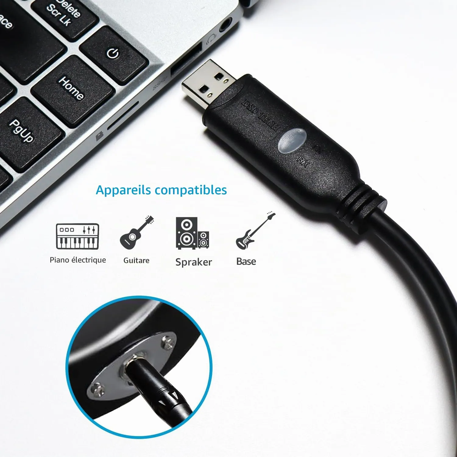 PLC Tech SH-AU20B câble audio USB guitare 6,35 mm 96 kHz 24 bits