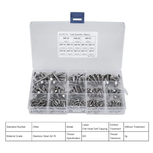 Garosa kit 180 vis autotaraudeuses inox M3 M4 M5 M6 tête fraisée