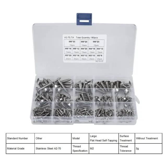 Garosa kit 180 vis autotaraudeuses inox M3 M4 M5 M6 tête fraisée