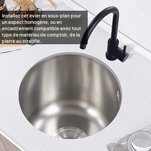 Garosa mini évier rond 30 cm en inox avec crépine et raccord de vidange