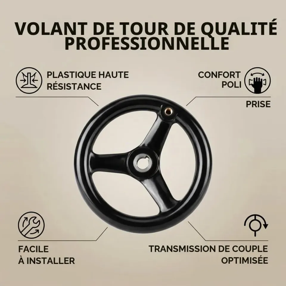 Garosa Volant de tour à 3 branches avec poignée, noir, diamètre 200 mm