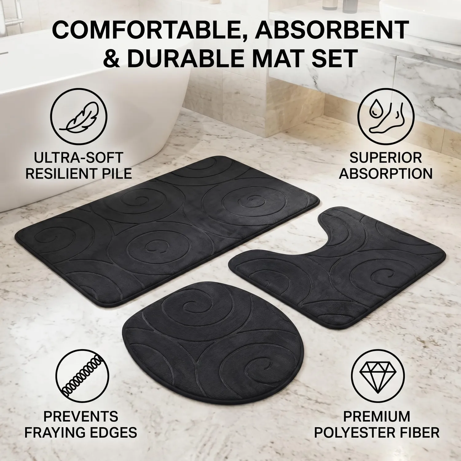 Garosa tapis de salle de bain lot de 3 noir et blanc absorbant