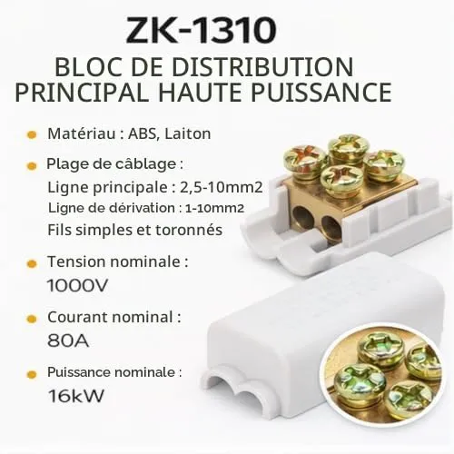 Garosa ZK-1310 bornier en T 1 entrée 2 sorties lot de 2 80 A