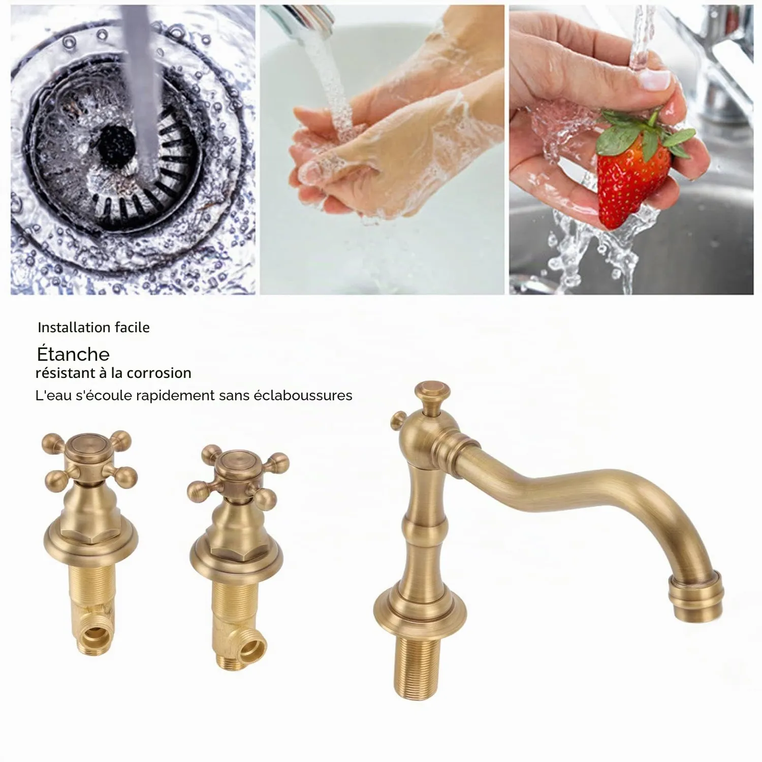 Garosa Robinet Lavabo 3 Trous Laiton Antique Double Poignée