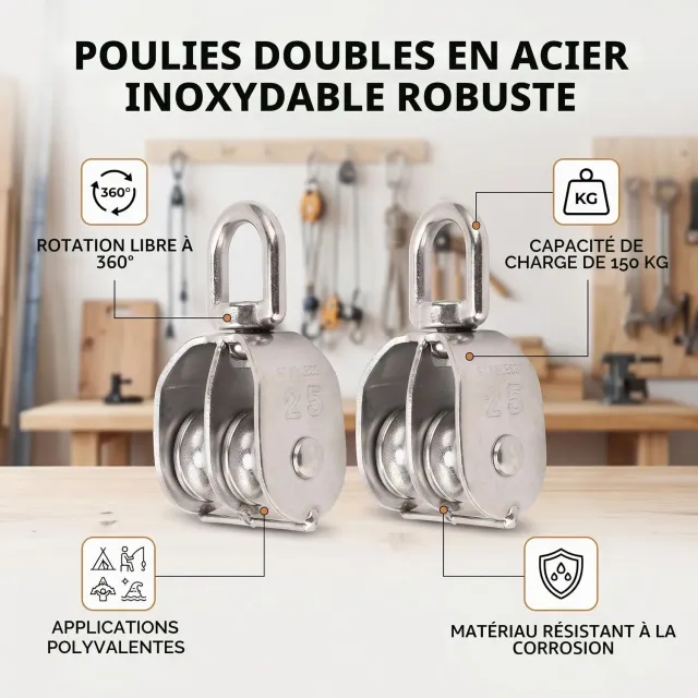 Garosa M25 bloc poulie double inox 2 pièces 150 kg