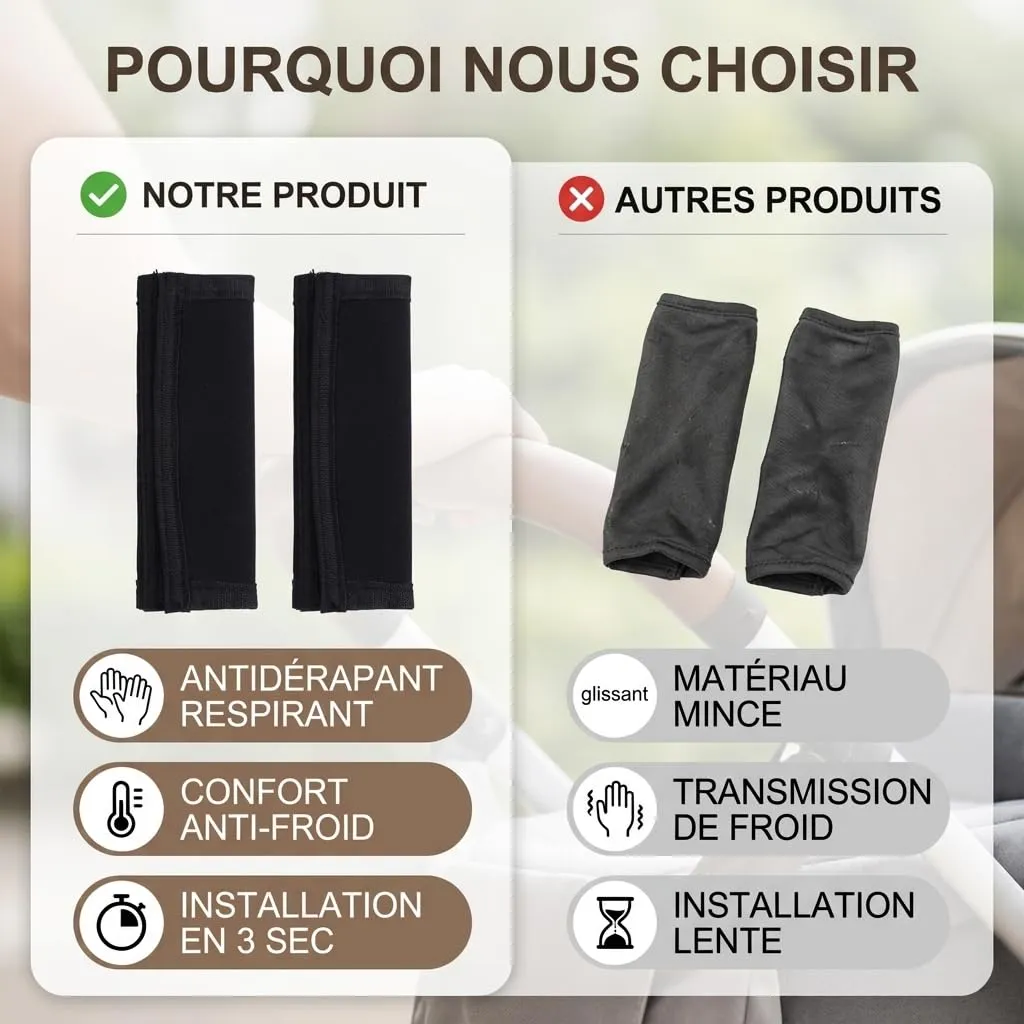 Garosa Housse Poignée Poussette Nylon Noir 13 cm Lot de 2