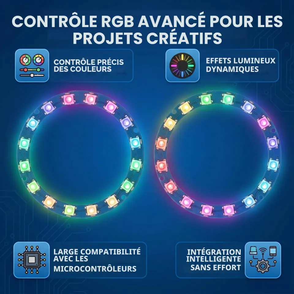 Garosa anneau LED RGB WS2812B 16 × 5050, lot de 2, 5 V