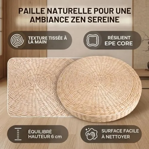 Garosa coussin tatami rond 40 cm paille tressée