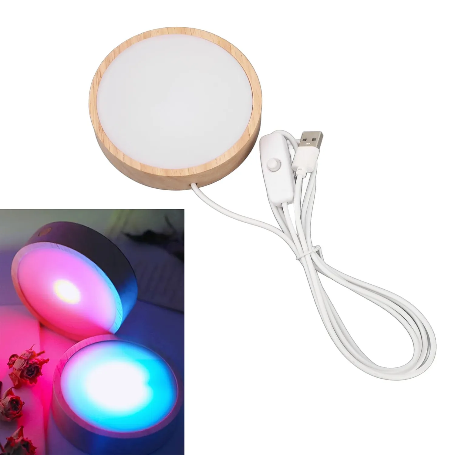 Garosa socle lumineux LED pour cristaux rond USB 5 V, bois naturel