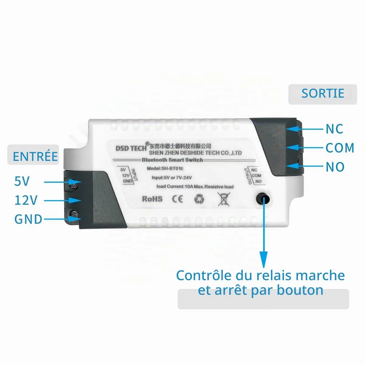 DSD TECH SH-BT01E relais Bluetooth 5 V/12 V 600 W