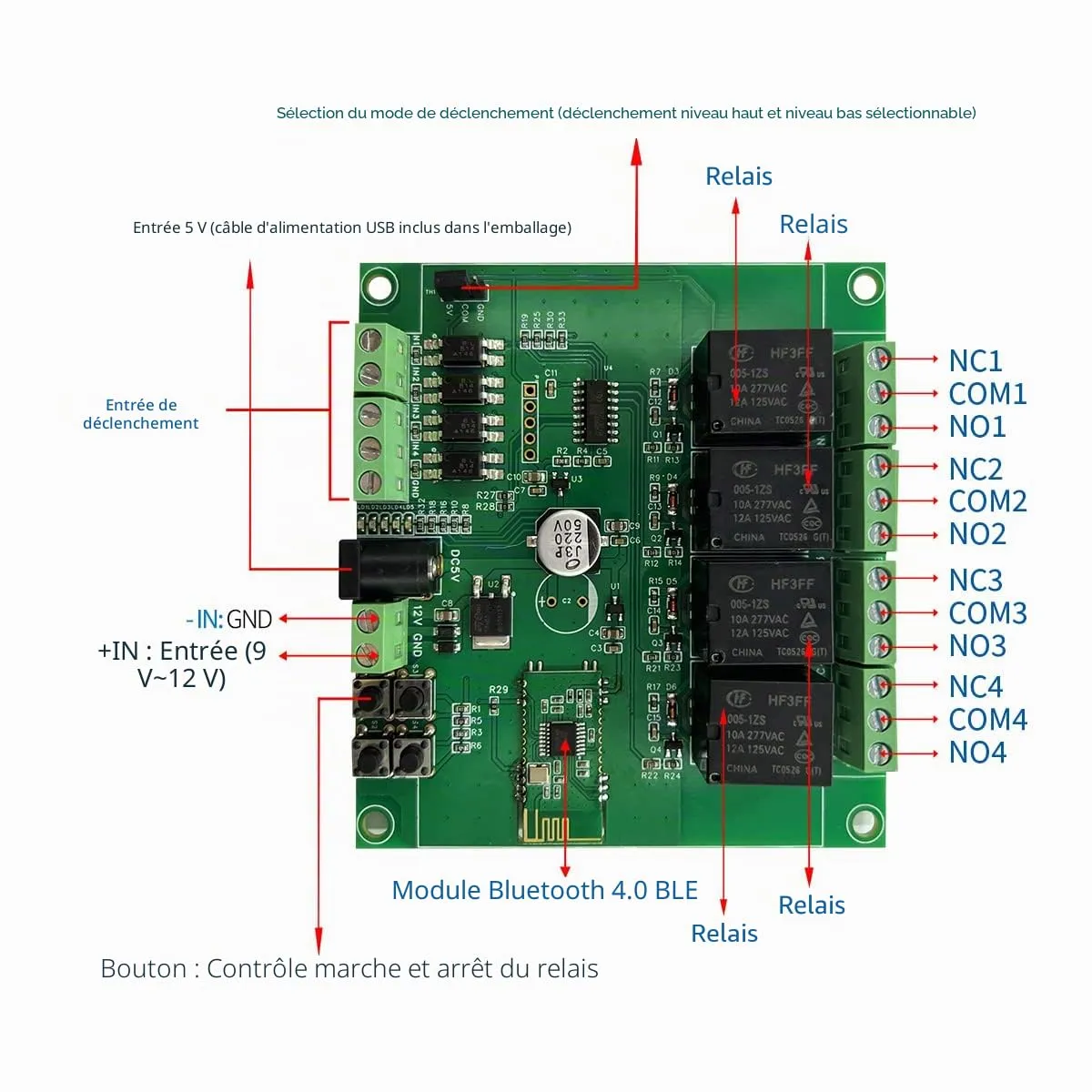 DSD TECH SH-HC-08 module relais Bluetooth 4 canaux 12 V