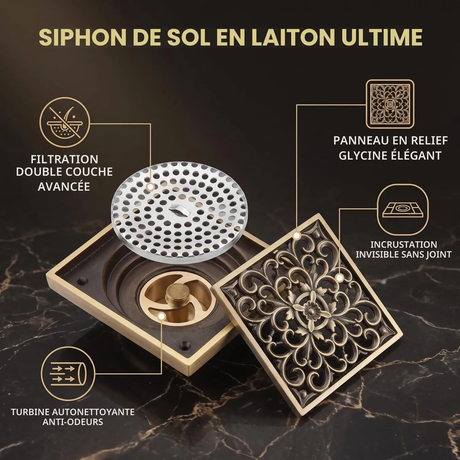 Garosa drain de sol laiton antique 10 cm, grille filtrante