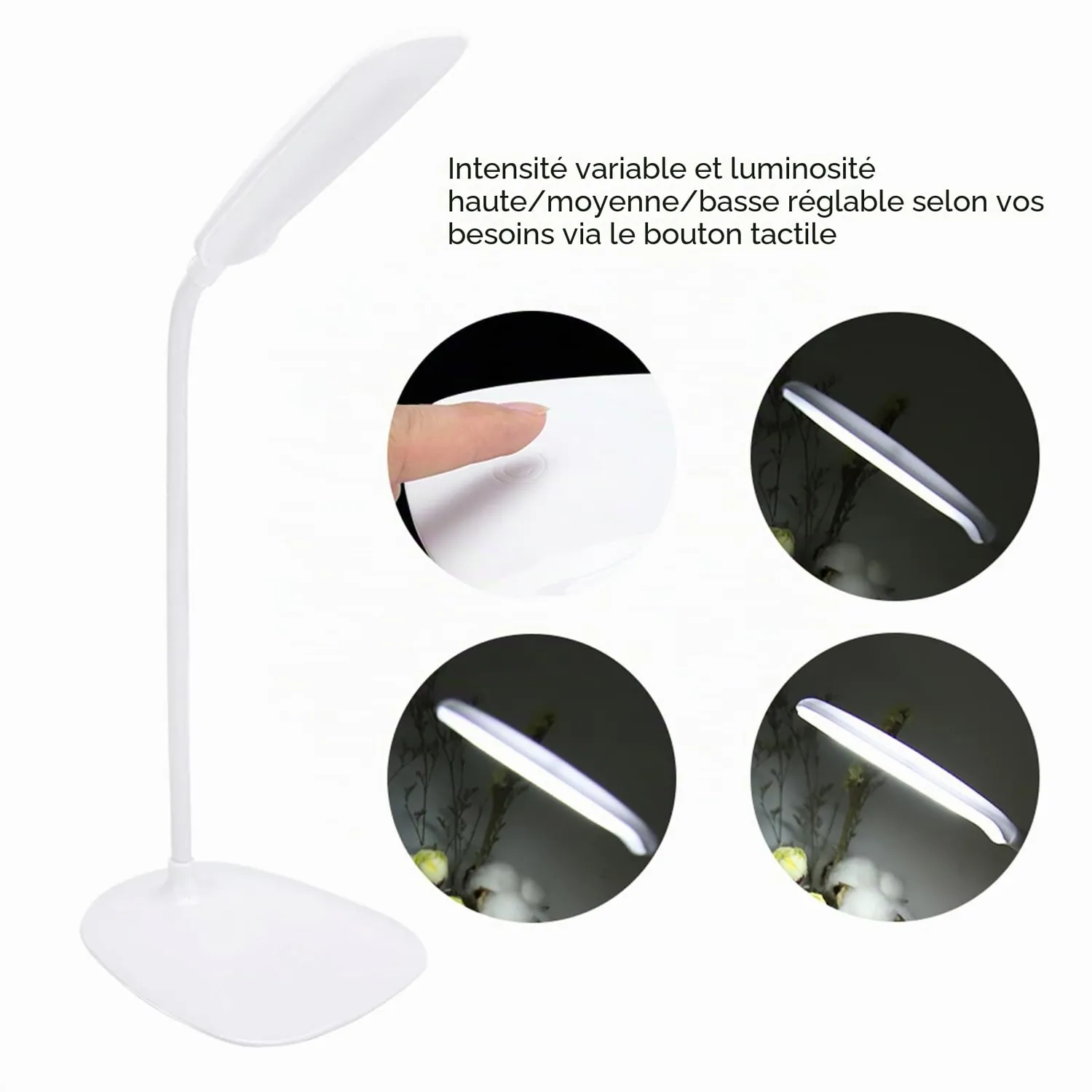 Garosa lampe de bureau LED col de cygne USB rechargeable tactile blanche