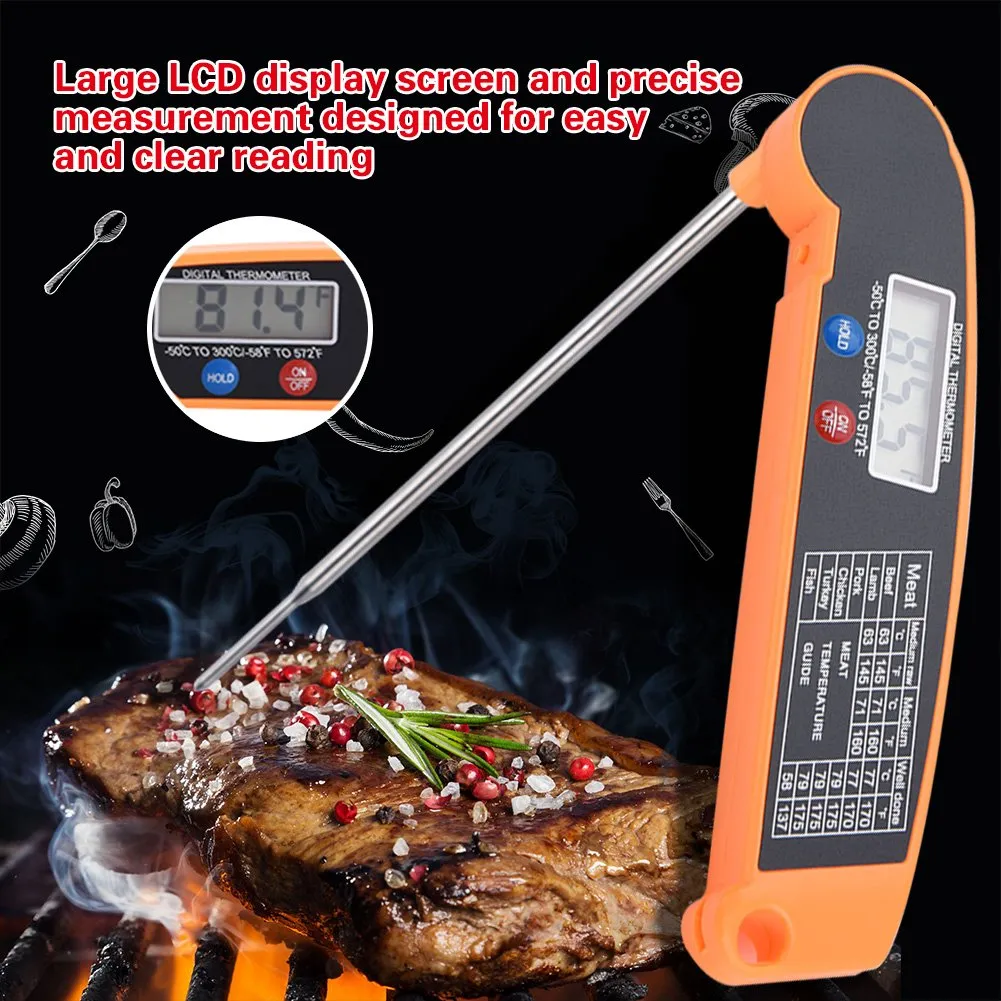 Garosa thermomètre alimentaire numérique LCD à sonde pliable orange