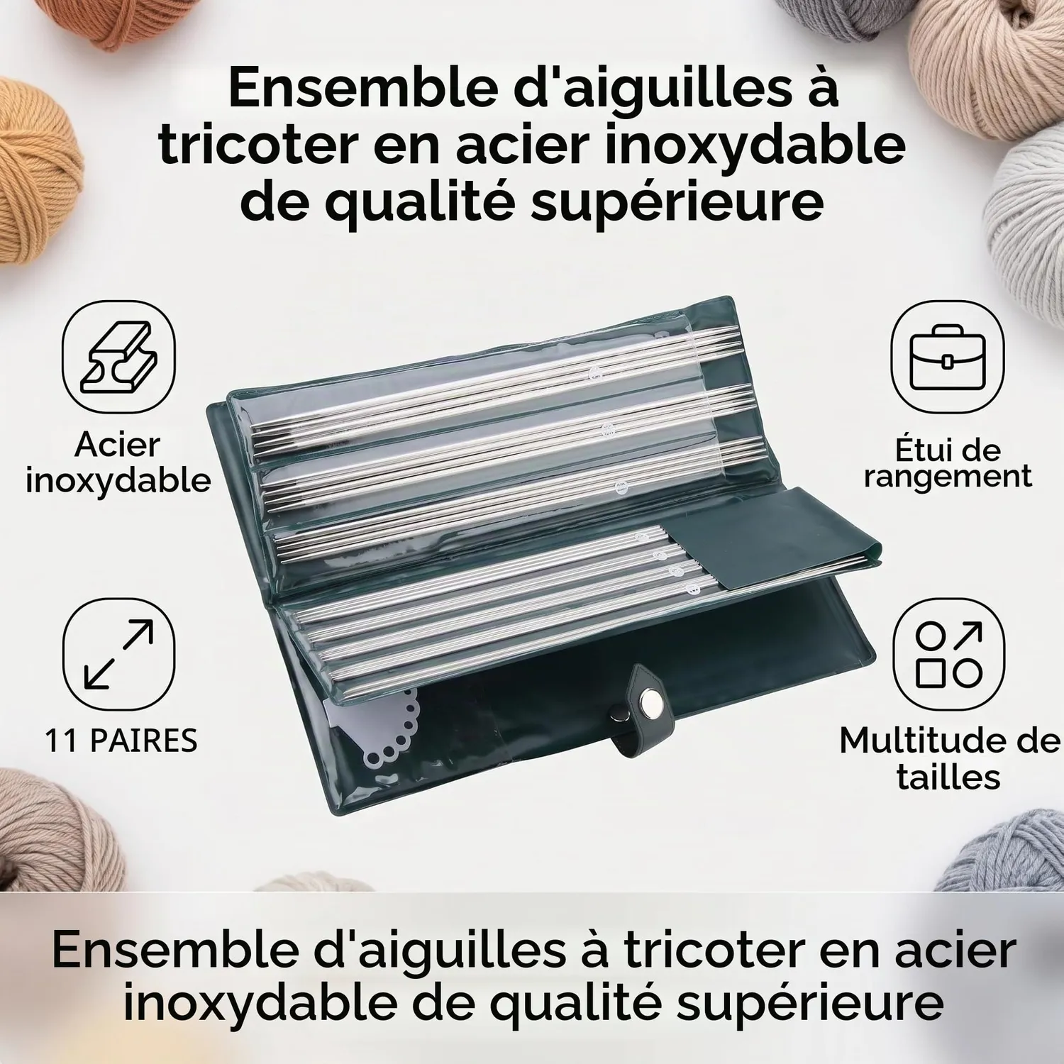Garosa aiguilles à tricoter droites 25 cm lot de 44 acier inoxydable