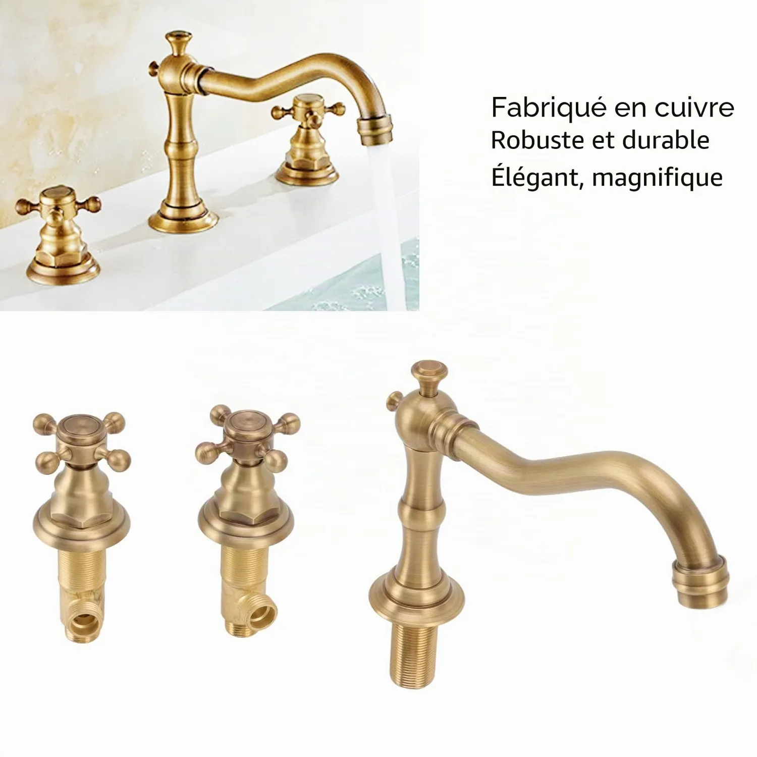 Garosa Robinet Lavabo 3 Trous Laiton Antique Double Poignée