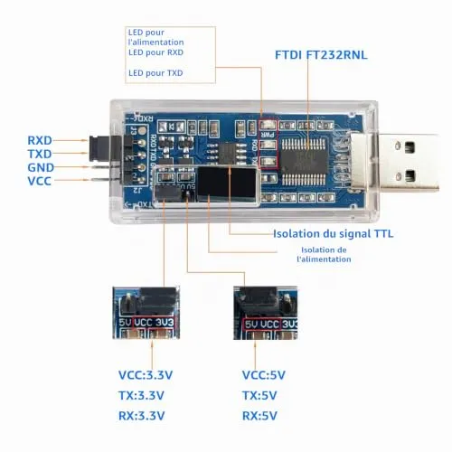 DSD TECH SH-U09C3 adaptateur USB TTL isolé 3,3 V 5 V