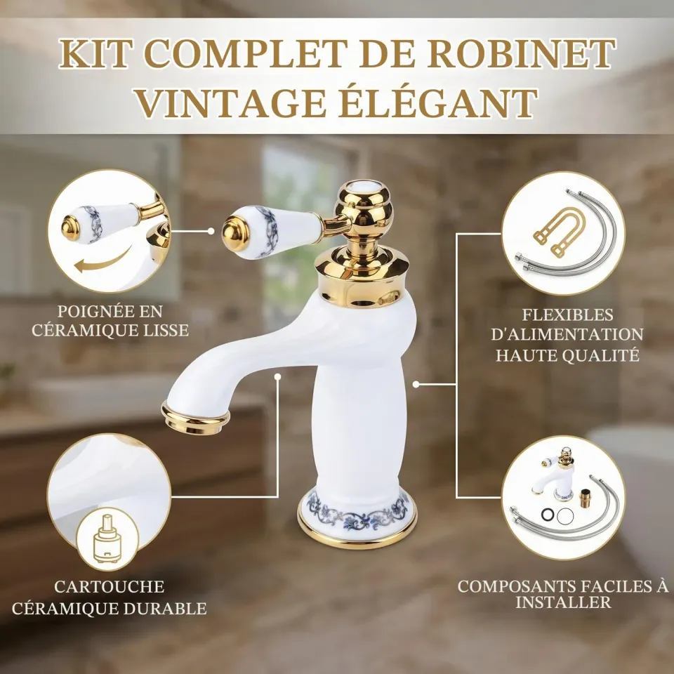 Garosa robinet lavabo vintage à motifs floraux, blanc antique, laiton