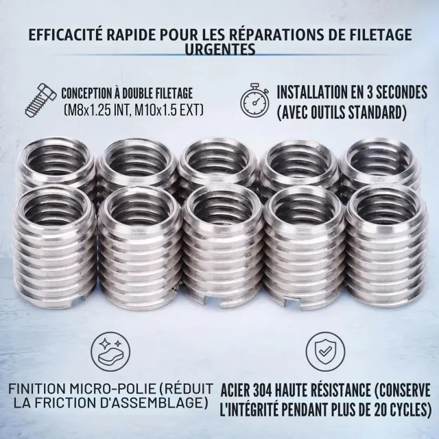 Garosa manchon fileté M8 vers M10, lot de 10 en inox