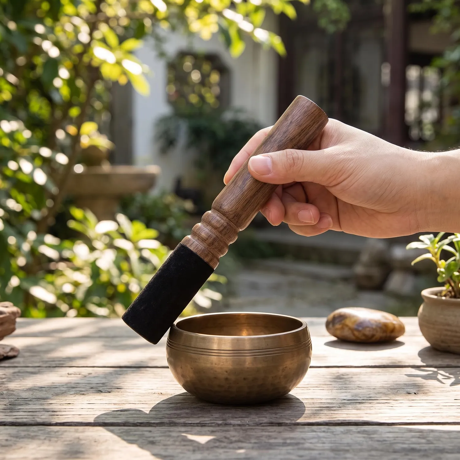 Garosa Maillet pour bol chantant en acajou et peau de mouton