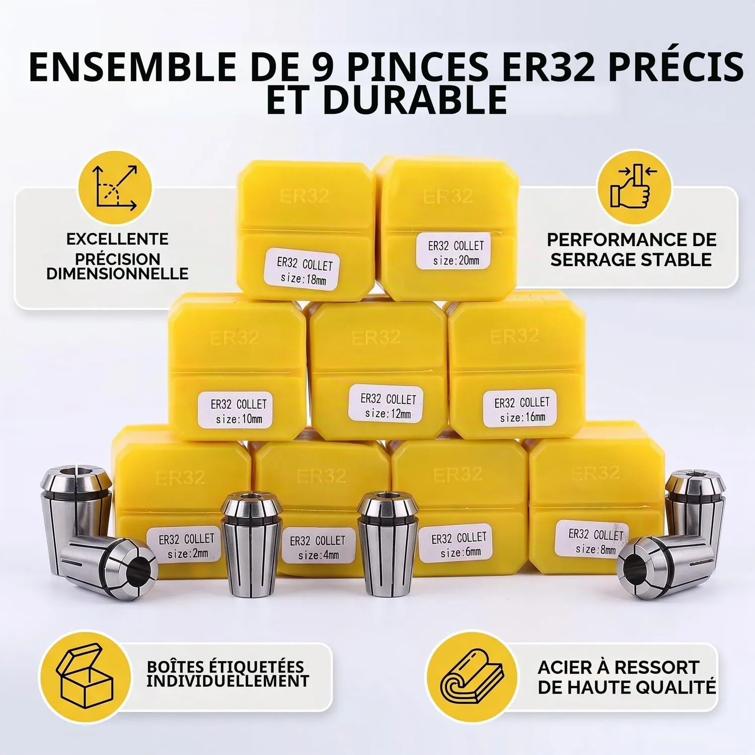Garosa ER32 jeu de 9 pinces de serrage 2–20 mm précision