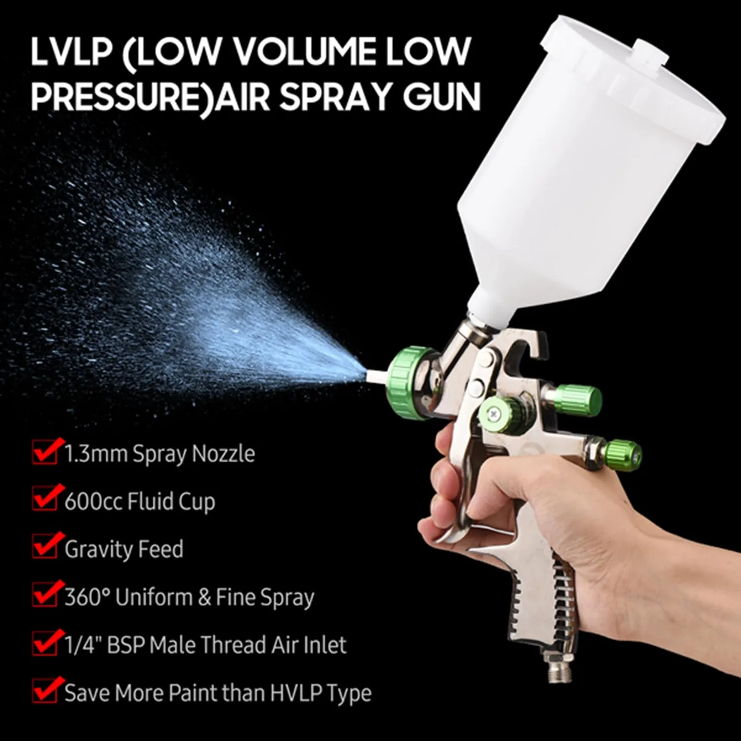 Garosa Pistolet peinture LVLP 600cc 1.3mm 600 cc réglable