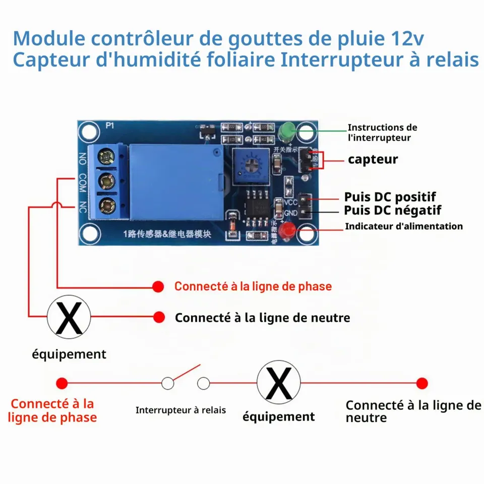 Garosa Détecteur de pluie avec relais 12 V à sensibilité réglable