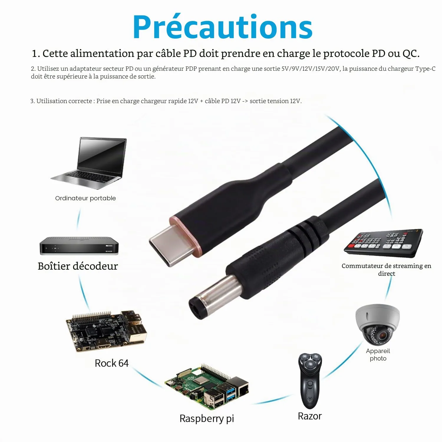 DSD TECH MagicConn SH-CP12B câble USB-C PD vers DC 12 V