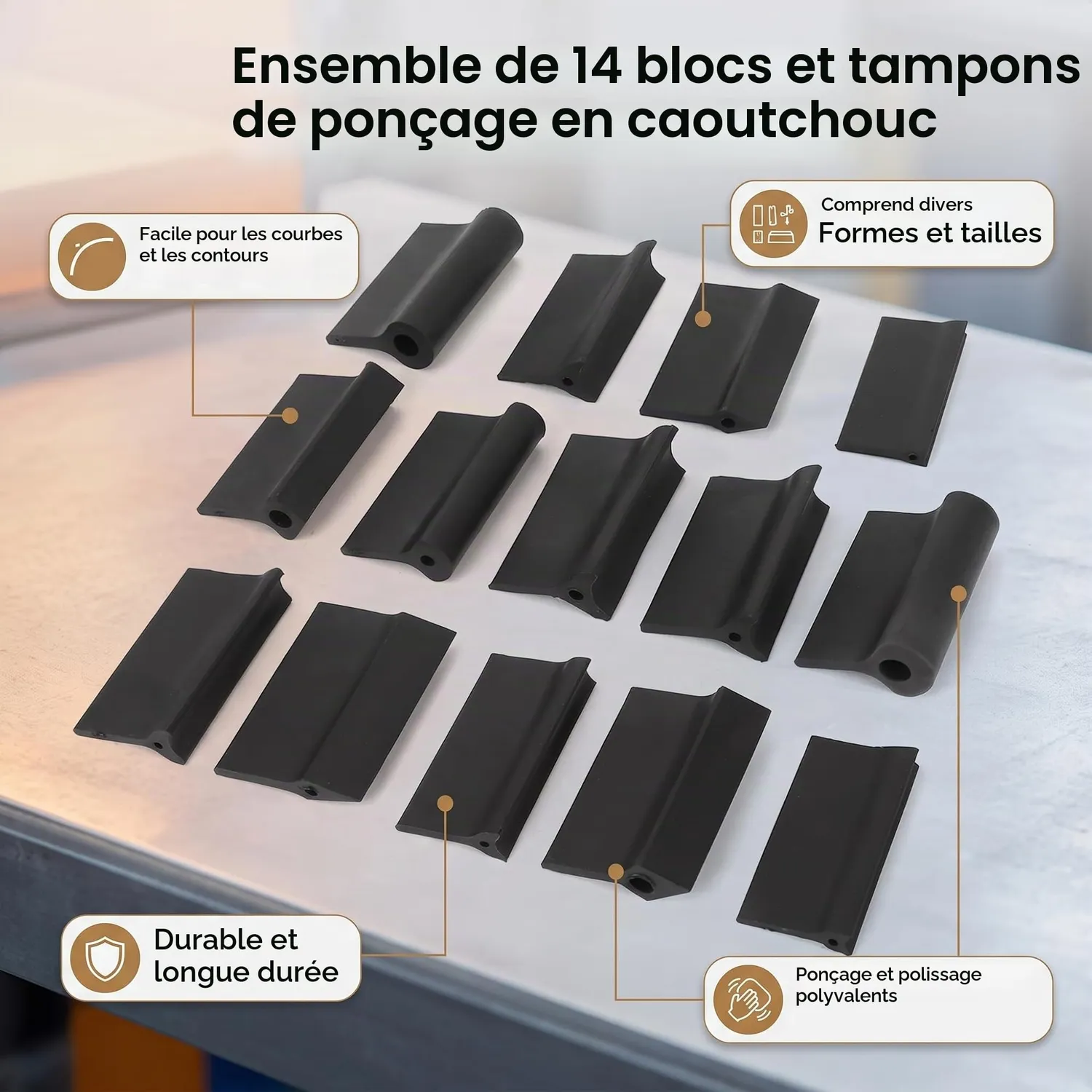 Garosa Bloc de ponçage flexible 14 pièces caoutchouc noir