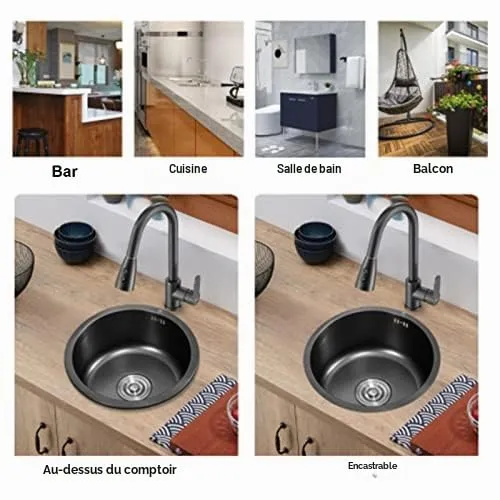 Garosa mini évier rond 30 cm en inox avec crépine et raccord de vidange