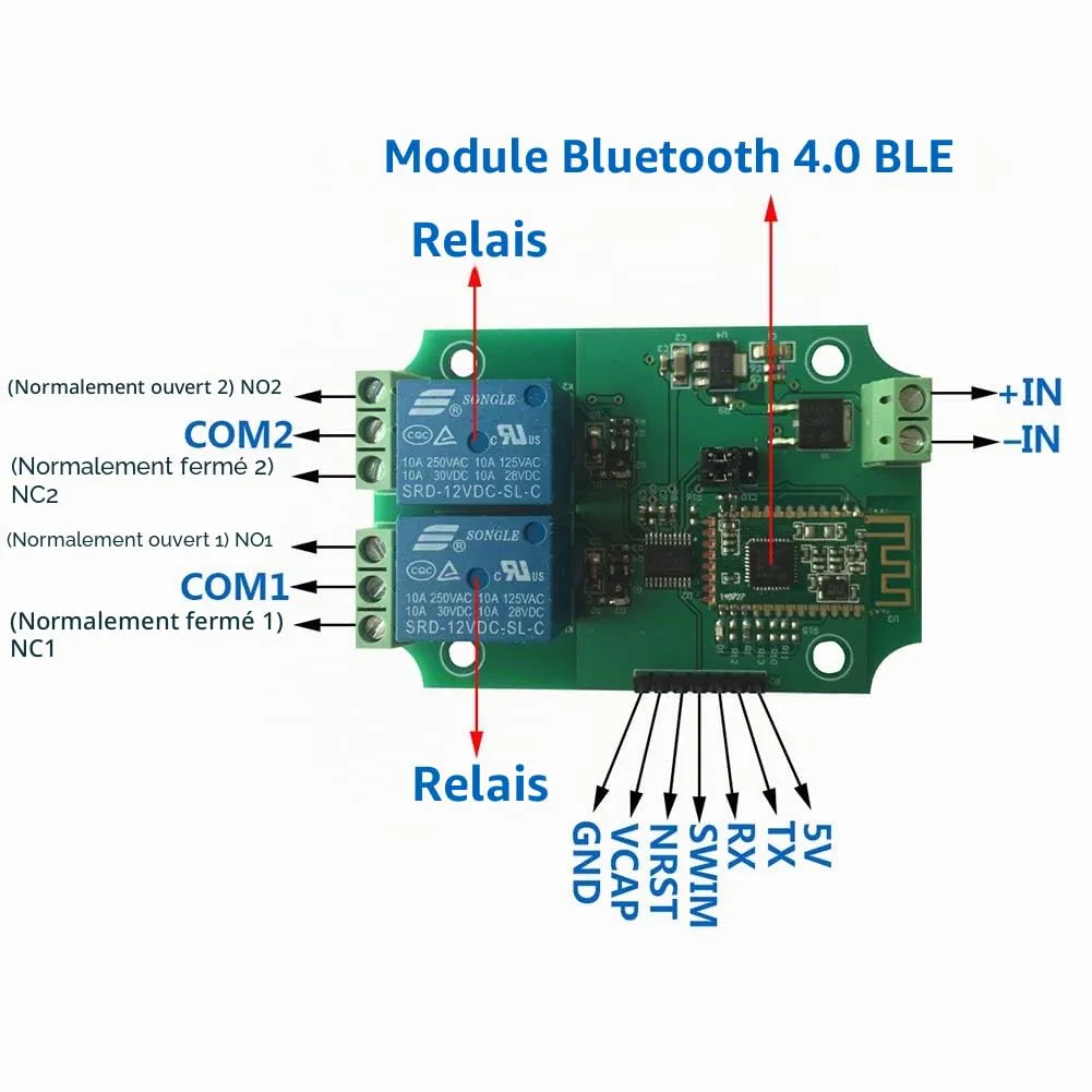 DSD TECH SH-HC-08 module relais Bluetooth BLE 4.0 12 V, 2 canaux