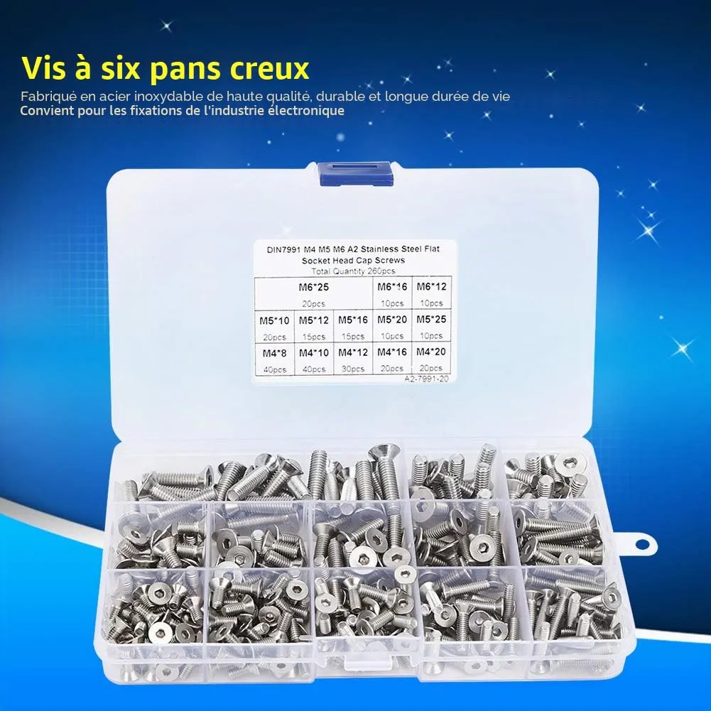 Garosa assortiment de vis à six pans creux M4 M5 M6 260 pièces inox A2-70