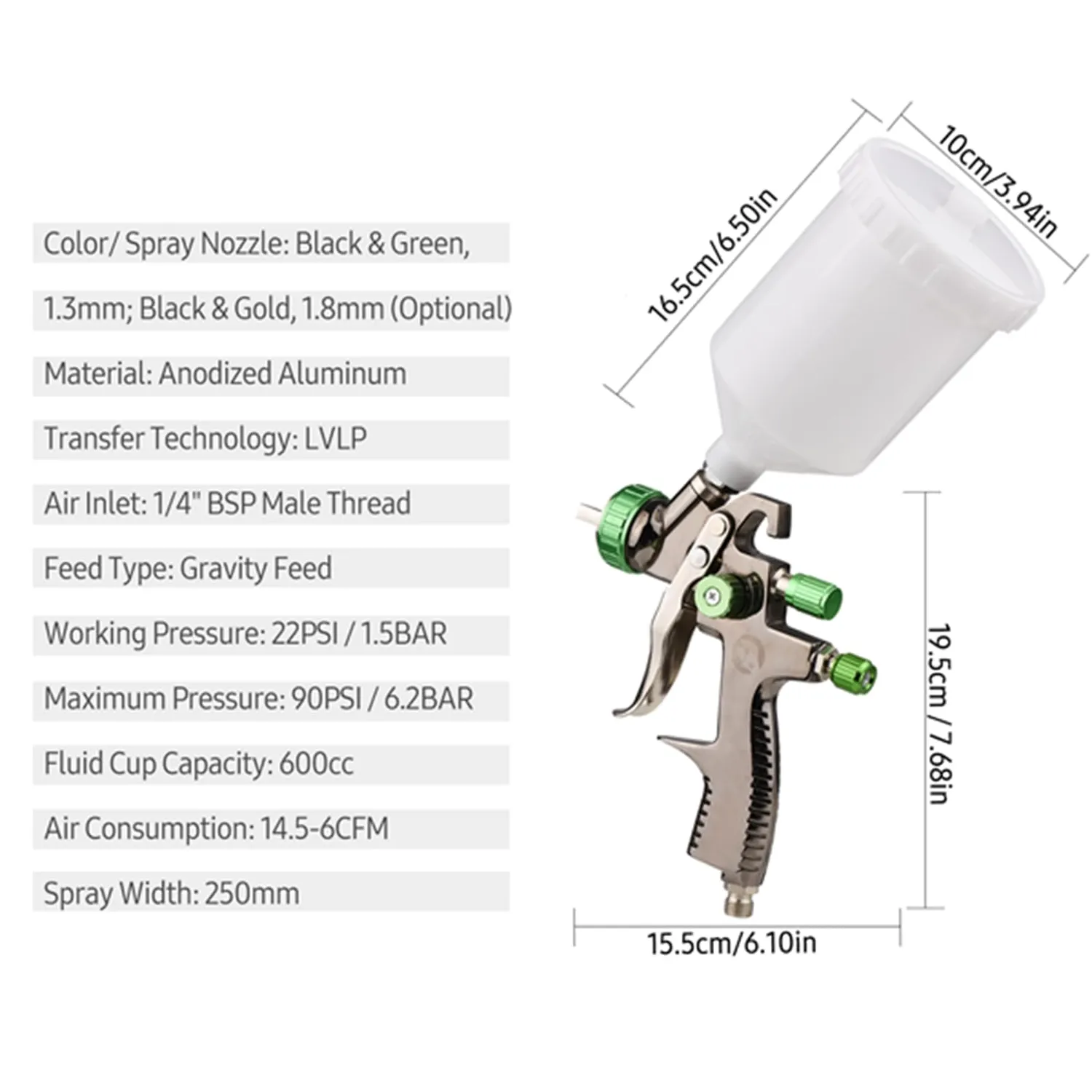 Garosa Pistolet peinture LVLP 600cc 1.3mm 600 cc réglable