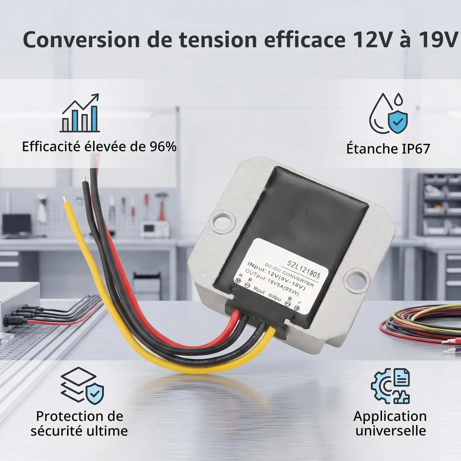 Garosa convertisseur DC-DC 12 V vers 19 V 5 A IP67 95 W étanche
