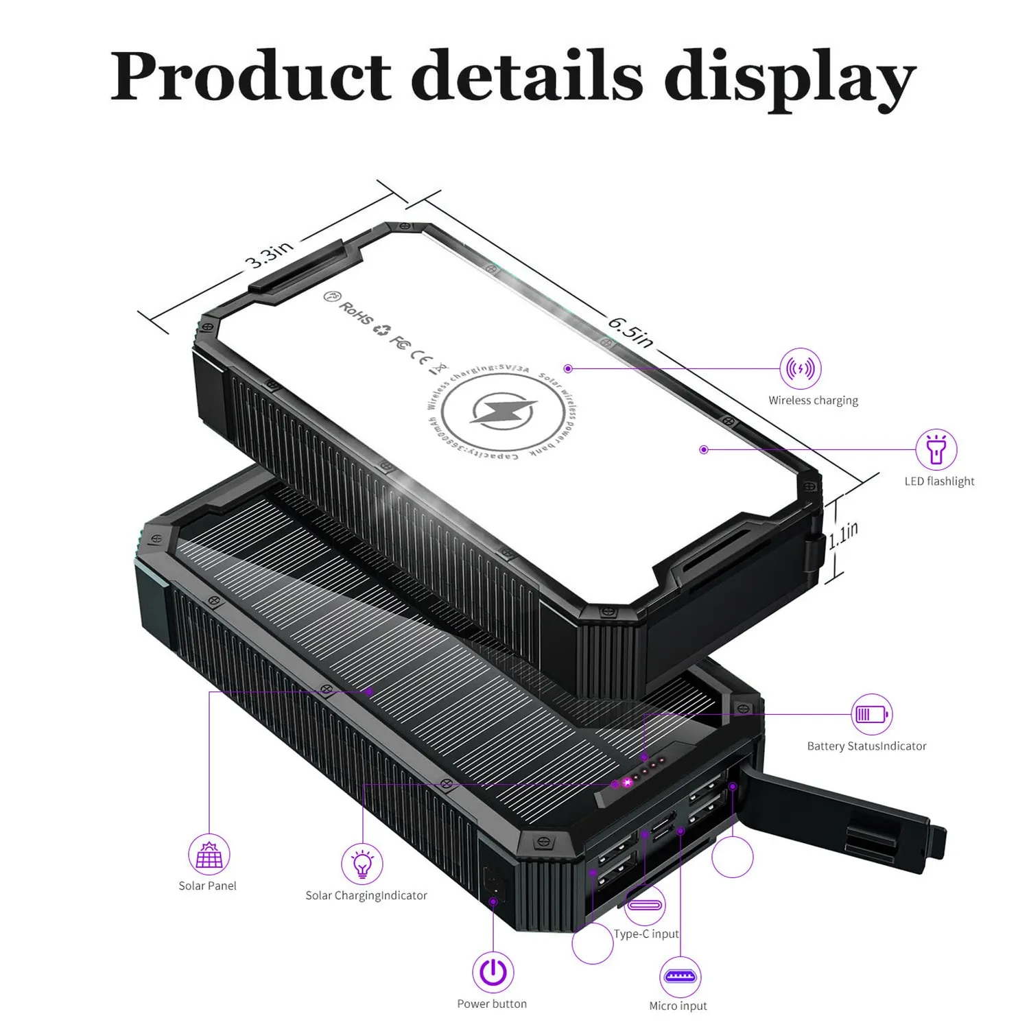 Garosa banque d’énergie solaire 36800 mAh noire, 6 ports USB