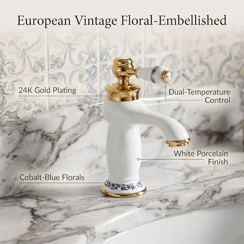 Garosa robinet lavabo vintage à motifs floraux, blanc antique, laiton