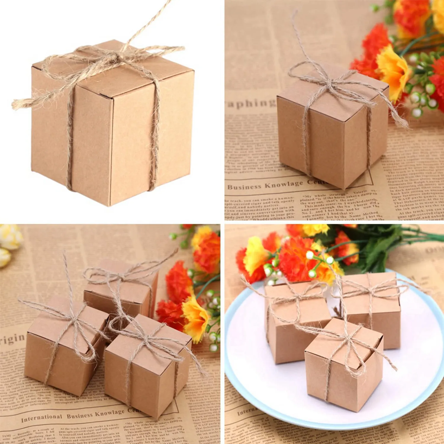 Garosa boîtes à bonbons kraft 5 x 5 x 5 cm, lot de 50, avec ficelle