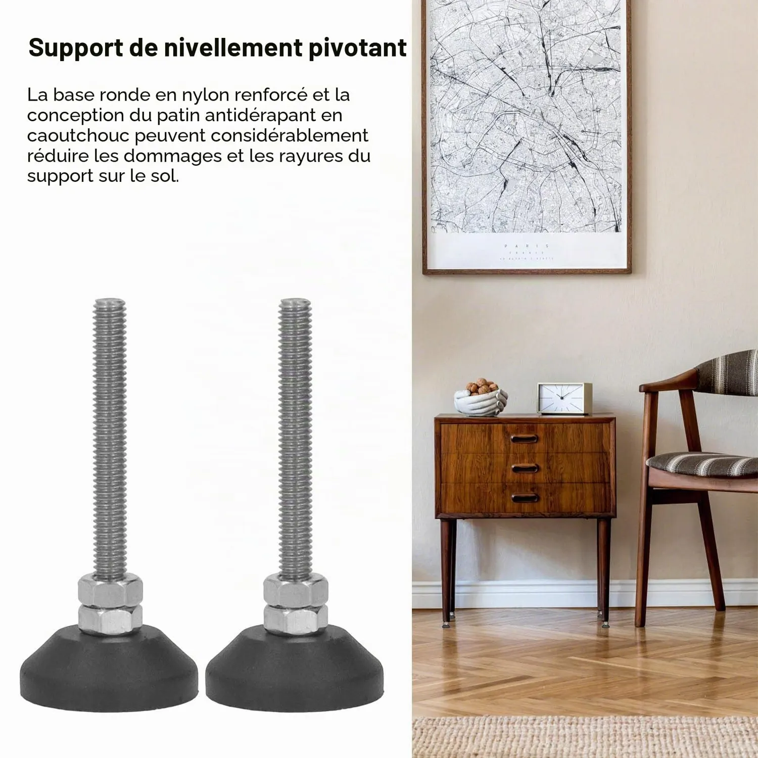 Garosa supports de nivellement pivotants M6 50 mm, patins antidérapants en lot de 4