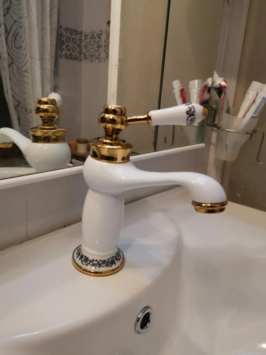 Garosa robinet lavabo vintage à motifs floraux, blanc antique, laiton