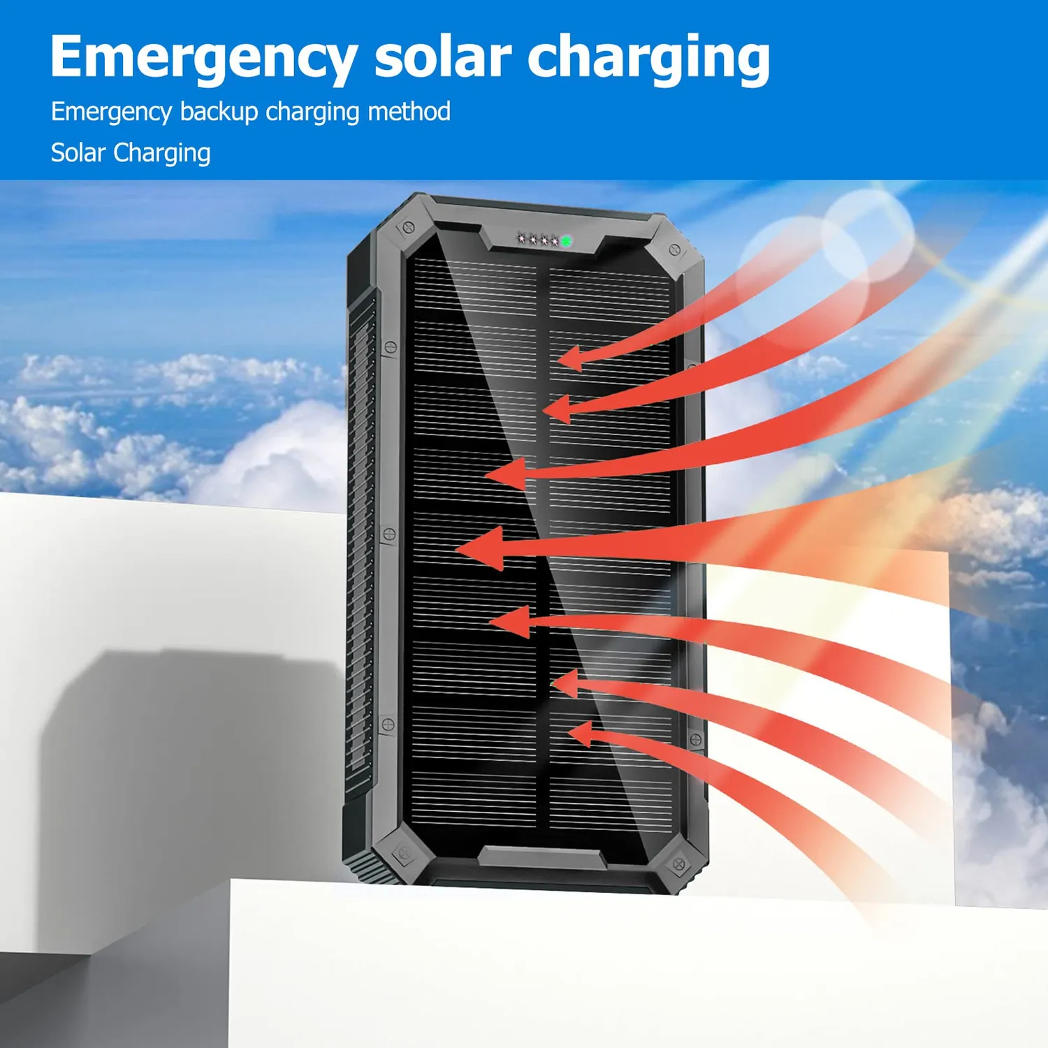 Garosa banque d’énergie solaire 36800 mAh noire, 6 ports USB