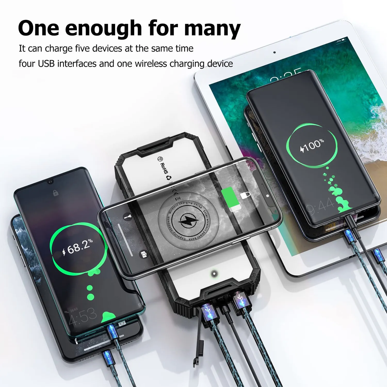 Garosa banque d’énergie solaire 36800 mAh noire, 6 ports USB