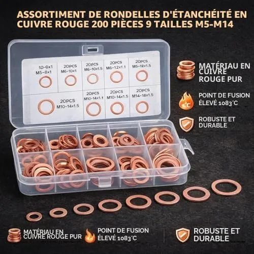 Garosa joints de bouchon de vidange cuivre 200 pièces 9 tailles