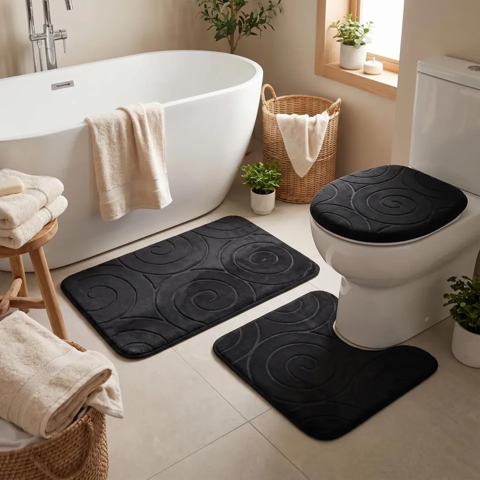 Garosa tapis de salle de bain lot de 3 noir et blanc absorbant