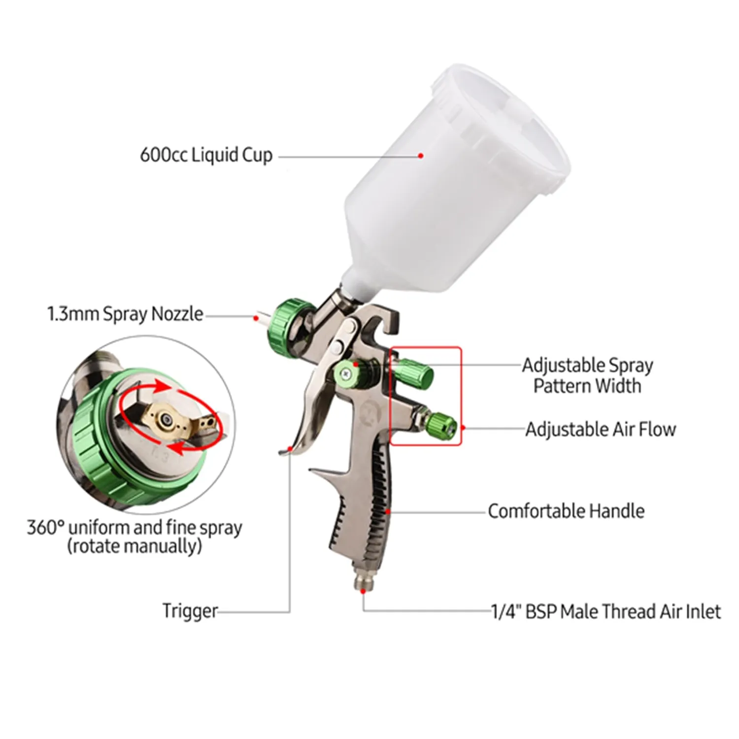 Garosa Pistolet peinture LVLP 600cc 1.3mm 600 cc réglable