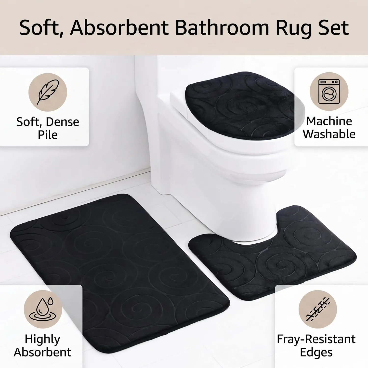 Garosa tapis de salle de bain lot de 3 noir et blanc absorbant