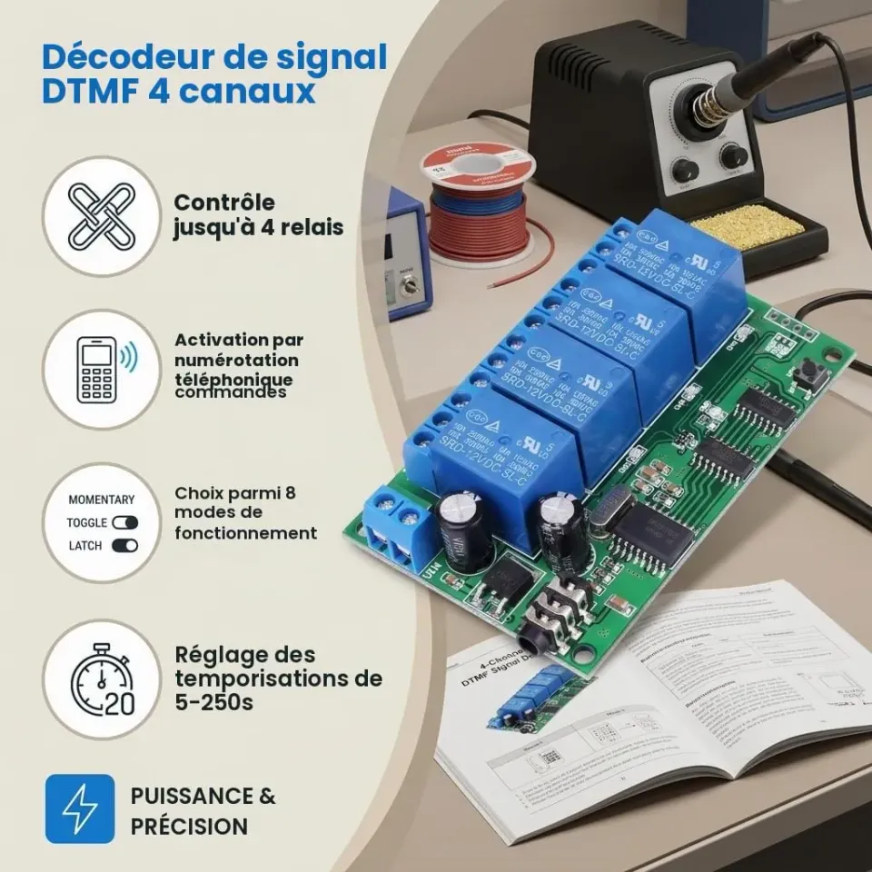 Garosa AD22B04 Décodeur DTMF Module Relais 12V 4 Canaux