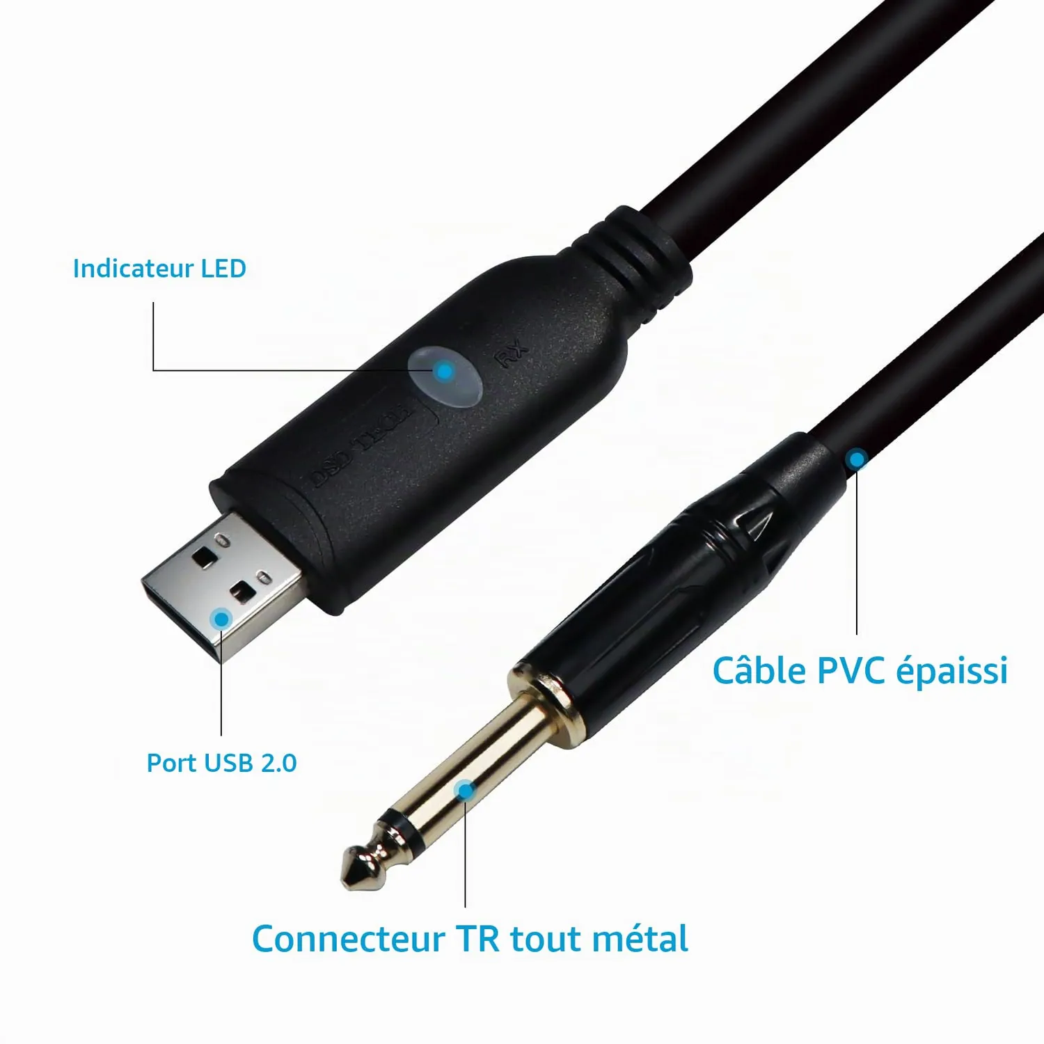 PLC Tech SH-AU20B câble audio USB guitare 6,35 mm 96 kHz 24 bits