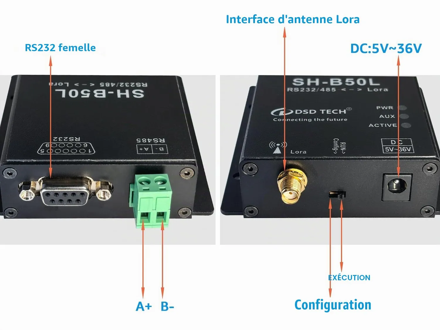 PLC Tech SH-B50L adaptateur LoRa RS485/RS232 5–24 V industriel